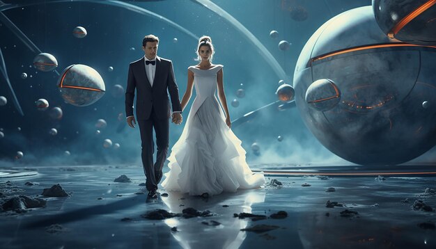 Foto fotógrafo de casamento no espaço casamento futurista