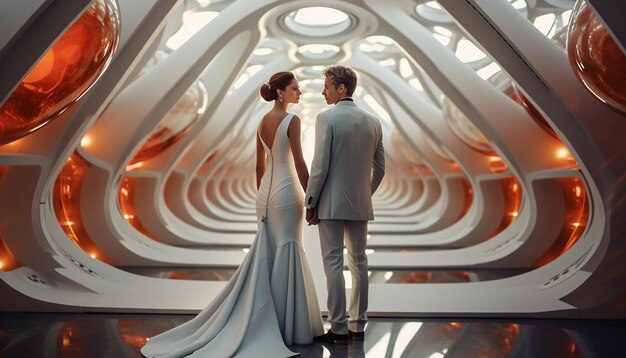 Fotógrafo de casamento no espaço casamento futurista