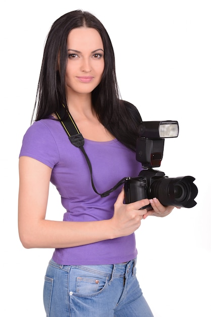 Fotógrafo de mulher atraente no trabalho