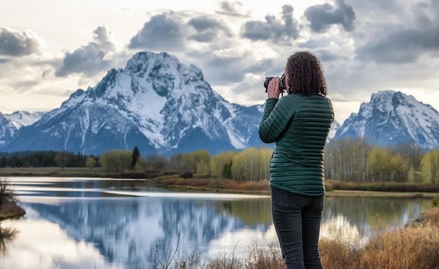 Fotógrafo de mulher no rio cercado por árvores e montanhas na paisagem americana