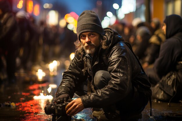 Fotógrafo de notícias capturando uma imagem poderosa durante um protesto IA geradora