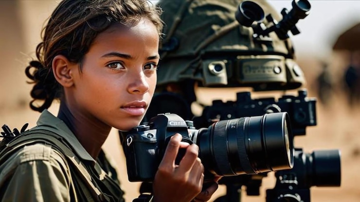 Fotógrafo documentando imágenes en una región devastada por la guerra y afectada por el conflicto para el Día Mundial de la Fotografía