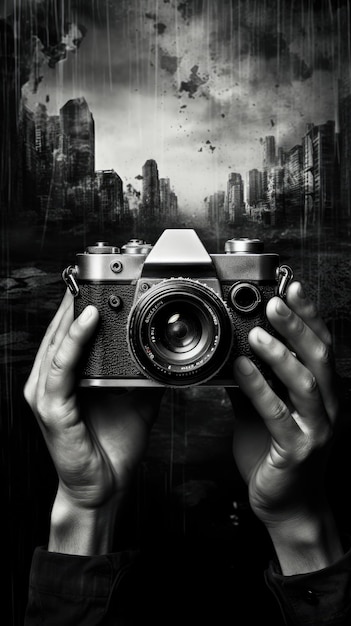 Fotógrafo e câmara de arte em preto e branco