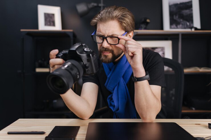 Fotógrafo eligiendo fotos en cámara