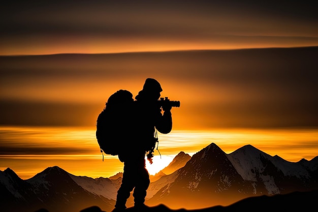 Fotógrafo em silhueta enquanto eles capturam um pôr do sol montanhoso