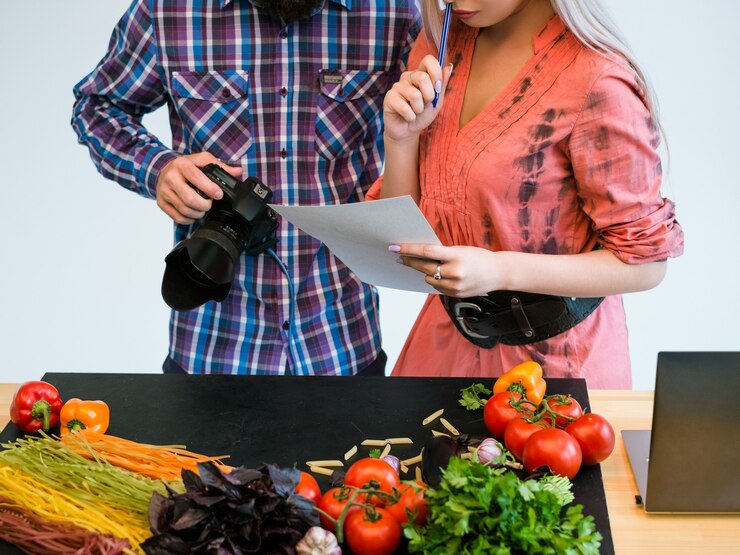 Foto fotógrafo de estudio de trabajo en equipo de fotografía de alimentos en concepto de trabajo