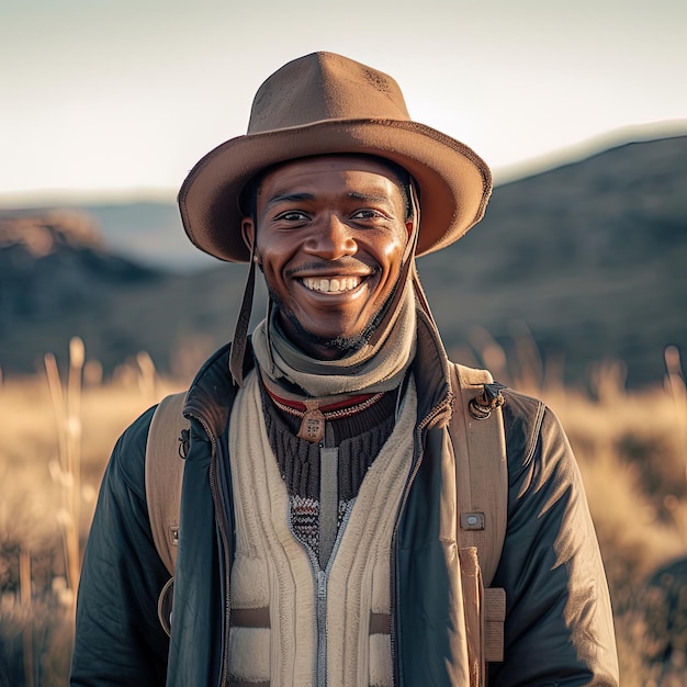 Fotógrafo explorador afroamericano recorriendo las montañas