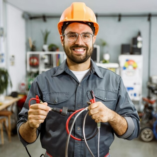 Fotógrafo feliz constructor está sosteniendo multimetro digital en guantes