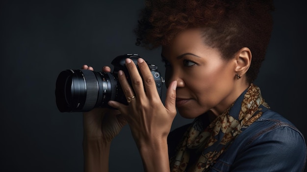 Fotógrafo Feminino Afro-Americano Middle Age Tirando fotos em uma sessão de moda no Studio Generative AI AIG22