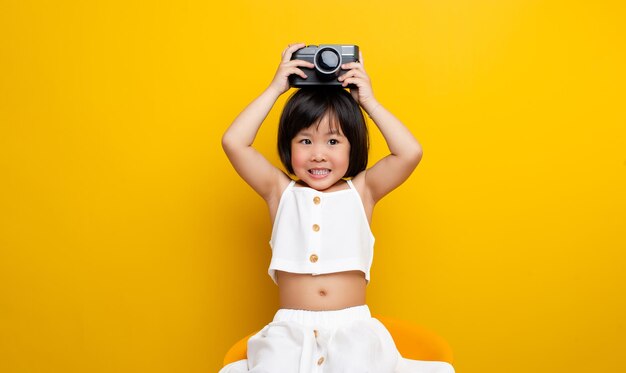 Fotógrafo feminino asiático tirando uma foto em um fundo amarelo Tem um sorriso fofo como uma infância