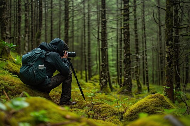Fotógrafo filmando uma cena em uma floresta