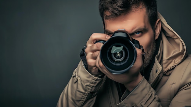 Un fotógrafo hábil captura apasionadamente la esencia del momento a través de su lente de la cámara congelando el tiempo y preservando los recuerdos para siempre contra un fondo gris de enfoque profundo este ca