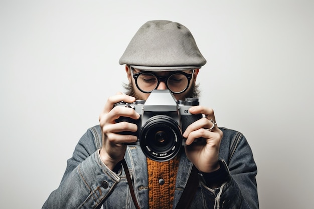 Un fotógrafo hipster masculino en un estudio contra un fondo blanco mira a través de la cámara