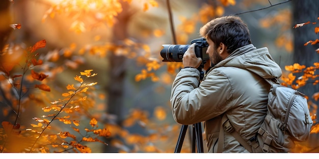 Fotógrafo homem habilidoso na natureza com câmera capturando a foto perfeita Conceito Fotografia da Natureza Fotógrafo masculino Habilidades de câmera Fotografia ao ar livre