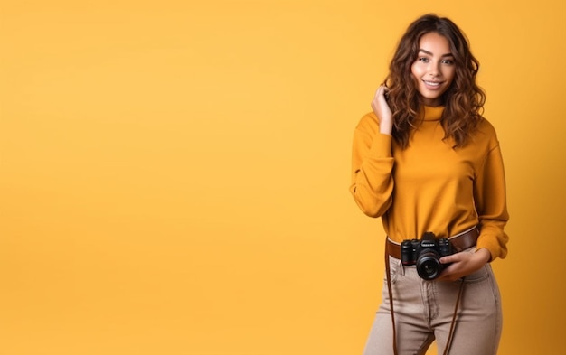 Foto fotógrafo jovem em fundo amarelo