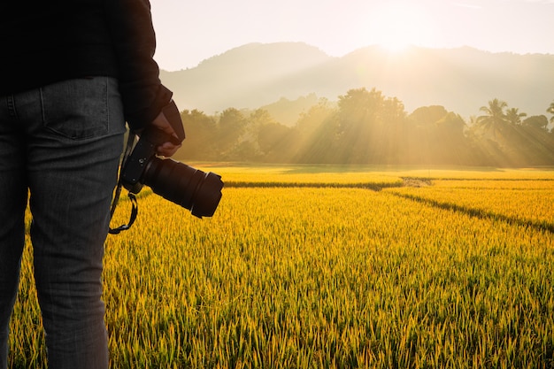 Fotógrafo joven que sostiene la cámara con sunrice en fondo natural del campo del arroz.