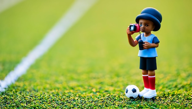 Fotógrafo de juguetes al margen de un campo de fútbol generado por IA