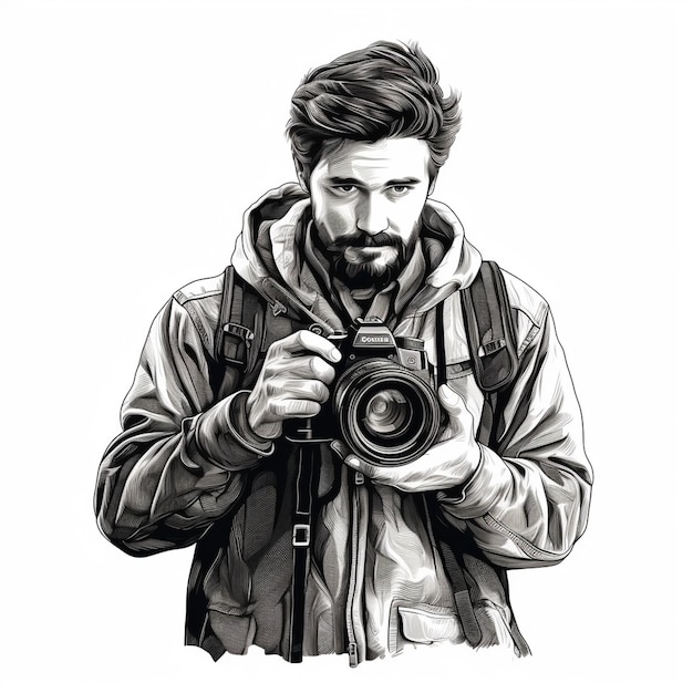Fotógrafo masculino com câmera desenhada à mão e desenho vetorial