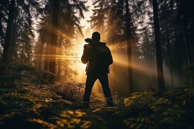 Foto fotógrafo mochileiro aventureiro de pé na floresta e fazendo fotos incríveis da vida selvagem