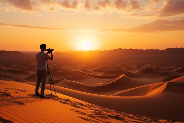 Fotógrafo mochileiro aventureiro de pé no deserto e olhando para a bela paisagem