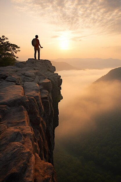 Fotógrafo mochileiro aventureiro de pé no pico da montanha e olhando para a bela paisagem