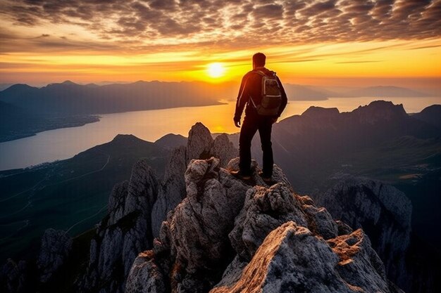 Fotógrafo mochileiro aventureiro de pé no pico da montanha e olhando para a bela paisagem