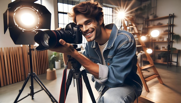 Fotógrafo de moda real capturando fotos de alta energía en un ambiente de trabajo diario candido