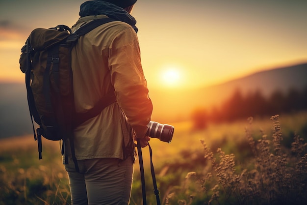 Fotógrafo de naturaleza al atardecer en un prado de viajes de aventura generado por Ai