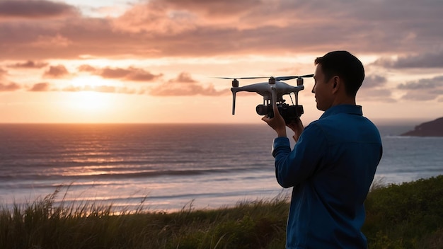 Foto fotógrafo ou videógrafo amador ou profissional prepara o conjunto para filmar a paisagem aérea do oceano