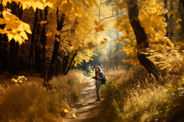 Foto fotógrafo en el paisaje natural en el fondo concepto de vacaciones de viaje para world photography da