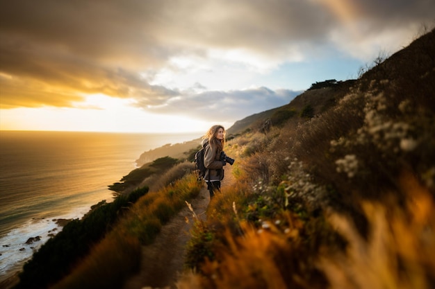 Foto fotógrafo en el paisaje natural en el fondo concepto de vacaciones de viaje para world photography da