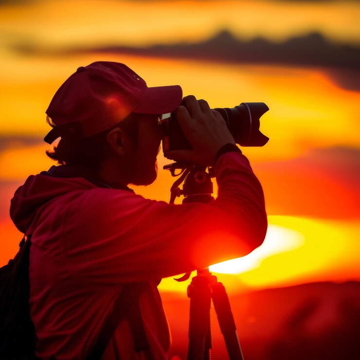 El fotógrafo profesional sostiene una cámara reflex ajustando los ajustes para capturar la toma perfecta de una fotografía de silueta de puesta de sol impresionante