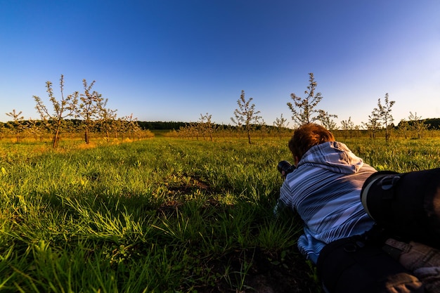 Fotógrafo profissional atirando de grama no jardim de maçã de verão