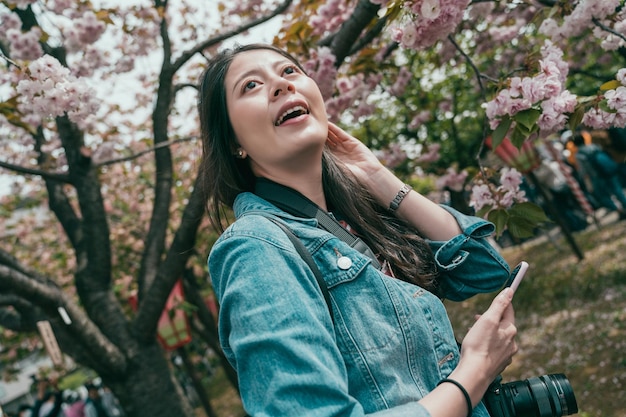 Fotógrafo segurando a câmera enquanto viaja sakura