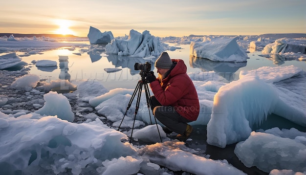 Foto fotógrafo tirando fotos de geleiras derretendo devido ao aquecimento global
