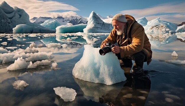 Foto fotógrafo tirando fotos de geleiras derretendo devido ao aquecimento global