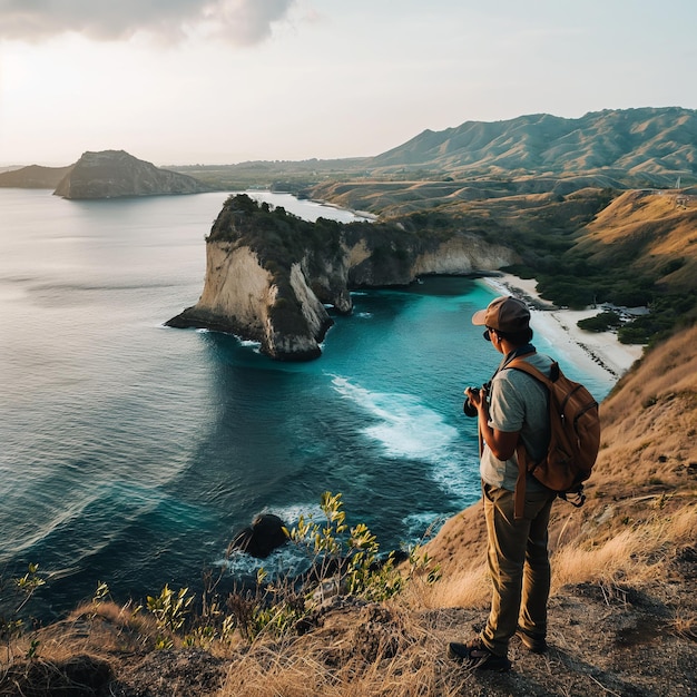 Fotógrafo tirando uma foto de uma bela paisagem marinha com falésias e oceano