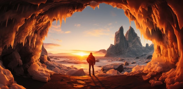 Foto fotógrafo tirando uma foto do sol a pôr-se atrás de uma caverna de gelo