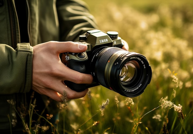 Fotógrafo tomando una foto con una cámara digital en el prado al atardecer