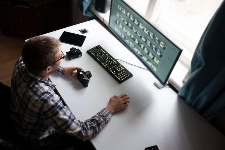 Foto un fotógrafo trabajando y editando fotos en la computadora con cámara retro