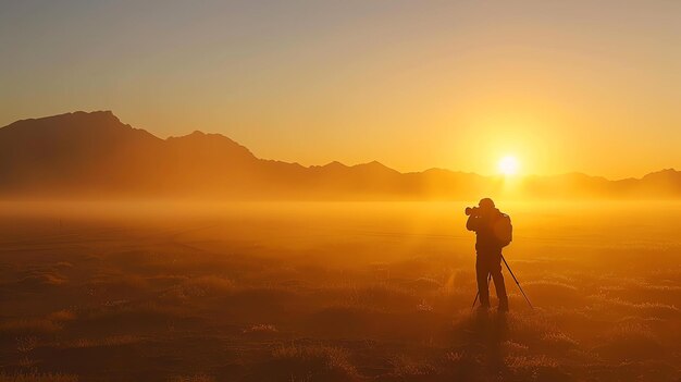 Fotógrafo con trípode en las dunas de arena al amanecer