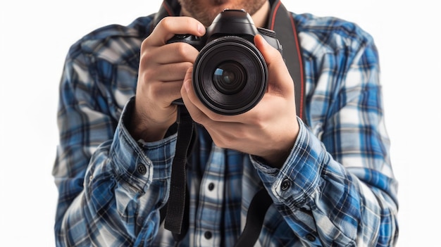 Foto fotógrafo vestido com roupas confortáveis casuais com uma câmera isolada em fundo branco
