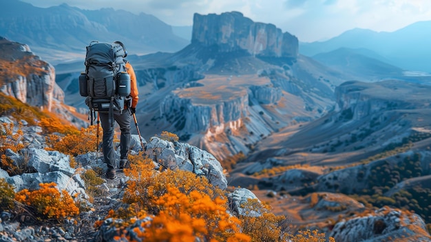 Fotógrafo de viaje en solitario capturando el majestuoso paisaje de las montañas