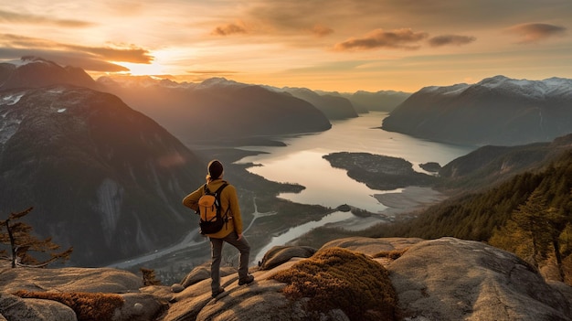 Fotógrafo de viajes y aventuras capturando imágenes de un atardecer primaveral mientras caminas por las montañas GENERAR IA