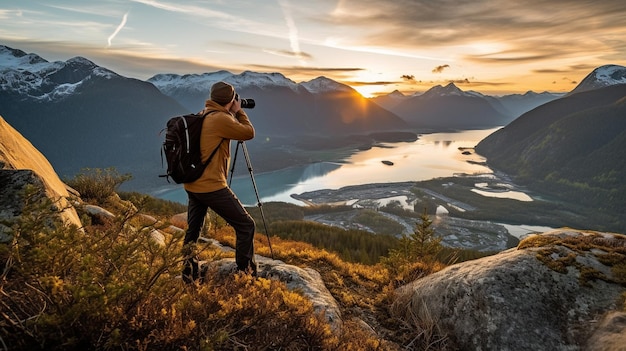 Fotógrafo de viajes y aventuras capturando imágenes de un atardecer primaveral mientras caminas por las montañas GENERAR IA