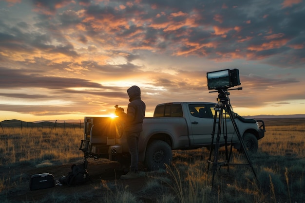 Fotógrafo Videógrafo filmando o pôr-do-sol com Gimbal do leito do caminhão