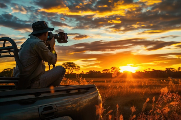 Foto fotógrafo videógrafo filmando la puesta de sol con gimbal desde la cama del camión