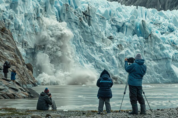 Foto fotógrafos capturando el desprendimiento de un glaciar en el océano en un lugar frío y remoto