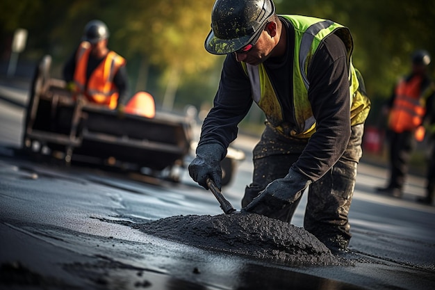fotógrafos colocando um novo revestimento de asfalto na estrada