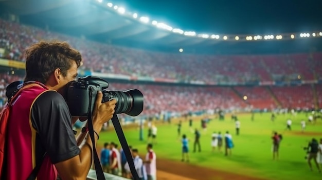 Fotógrafos deportivos filmando un partido de campeonato de fútbol en un estadio con una lente de zoom e IA generativa